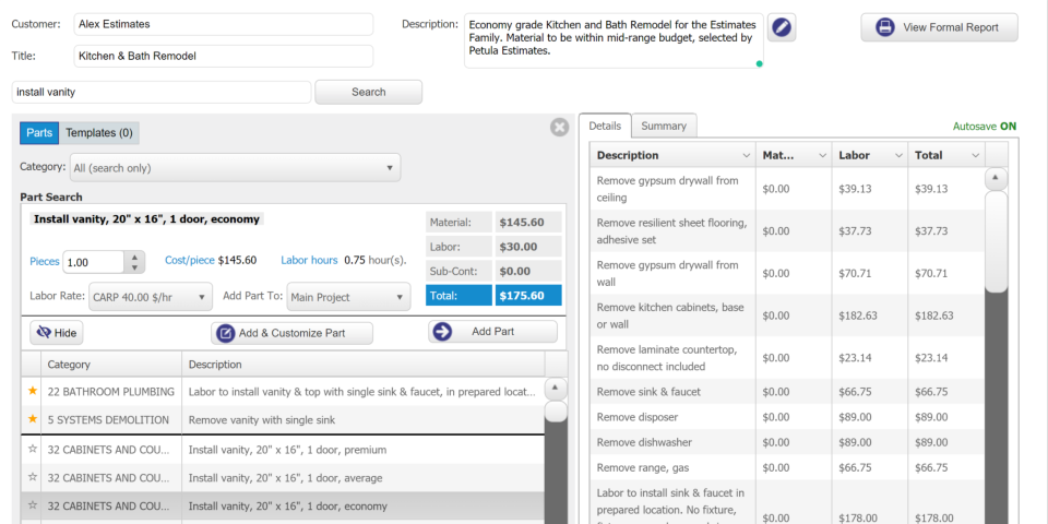 screenshot of Clear Estimates